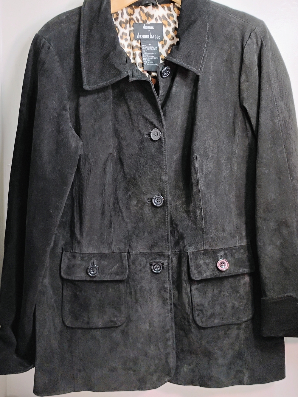 dennis basso Black Suede Button Jacket with Leopard Lining